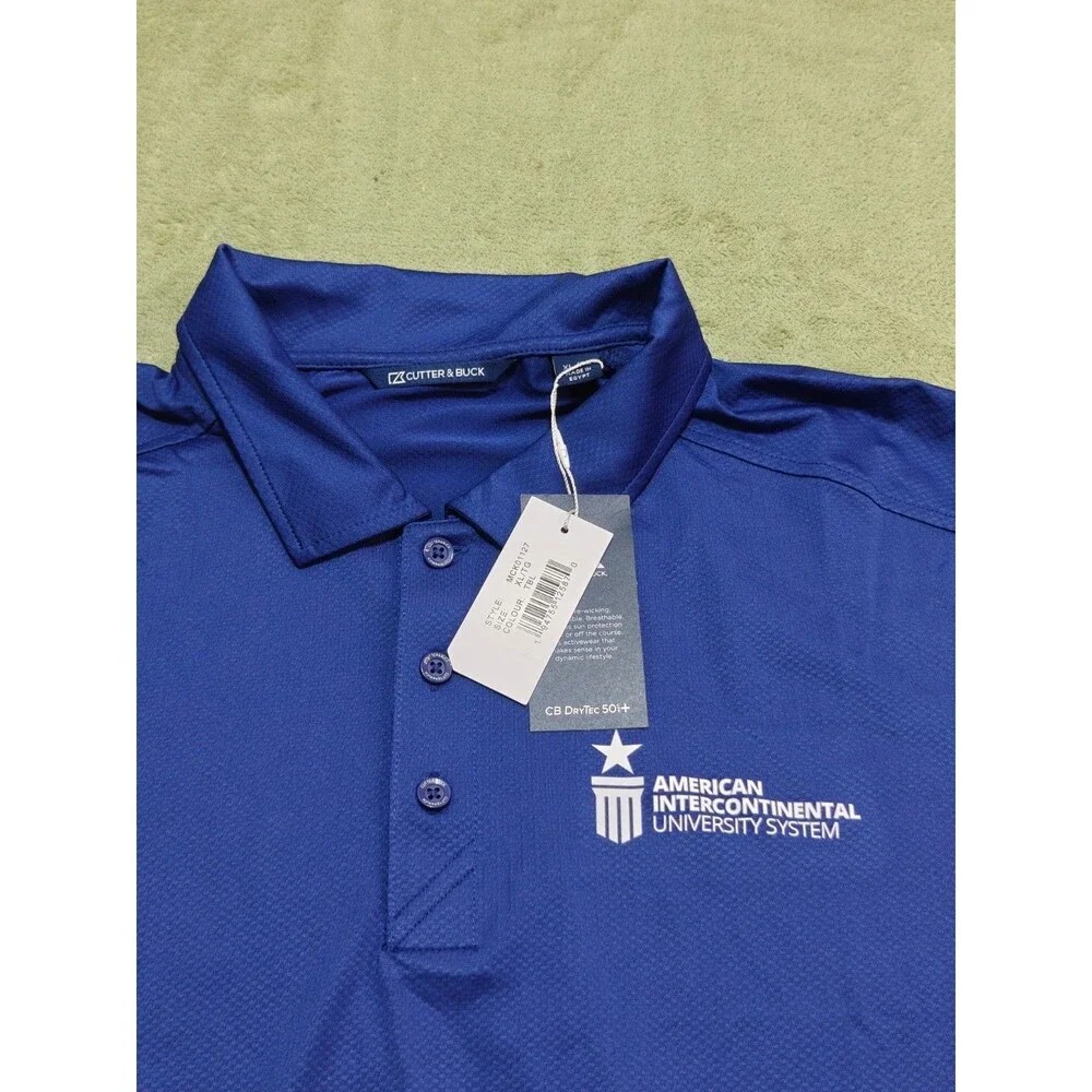 Cutter & Buck Mens XL Blue Polo Golf Shirt American Intercontinental Univ NWT